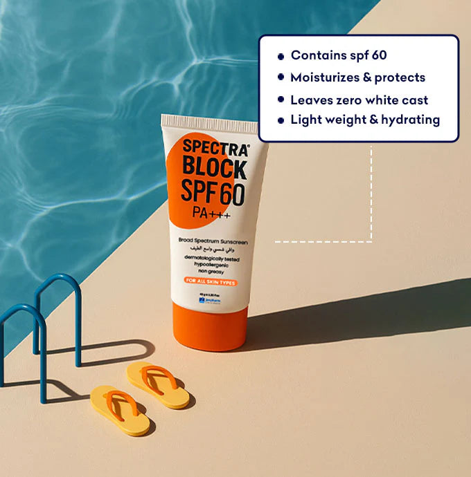 Spectra Block SPF 60 sunscreen tube with pool and flip-flops in the background