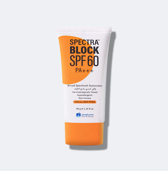 Spectra Block SPF 60 sunscreen tube on a white background