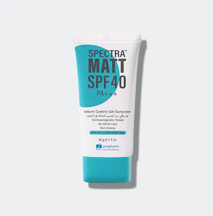 Tube of Spectra Matt SPF 40 sunscreen on a white background