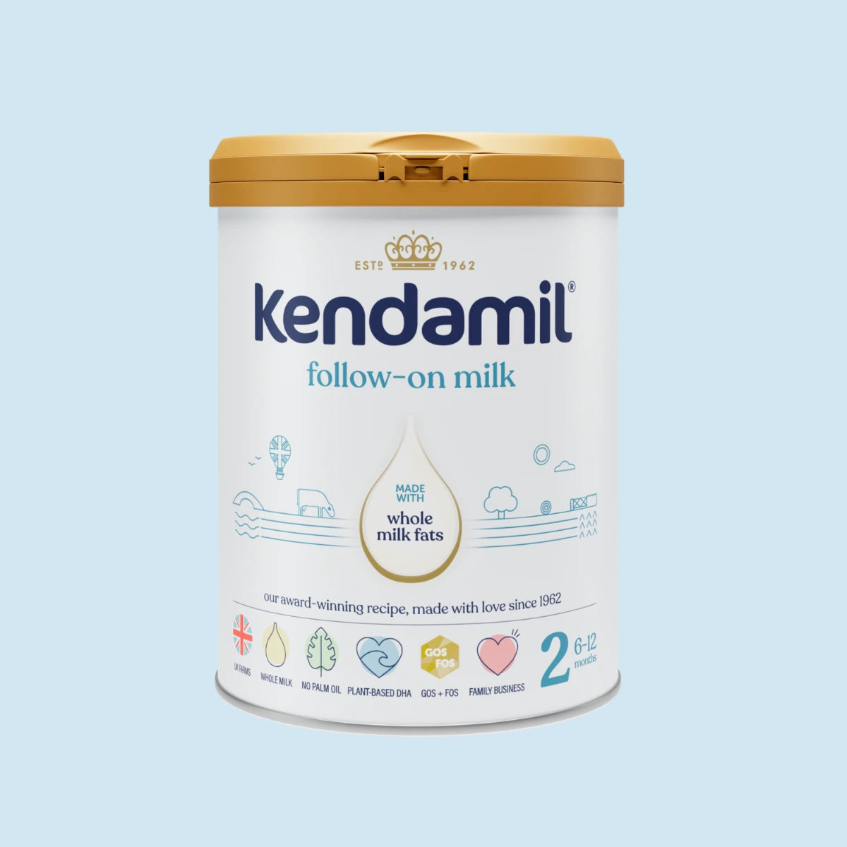 Kendamil follow-on milk container on a light blue background