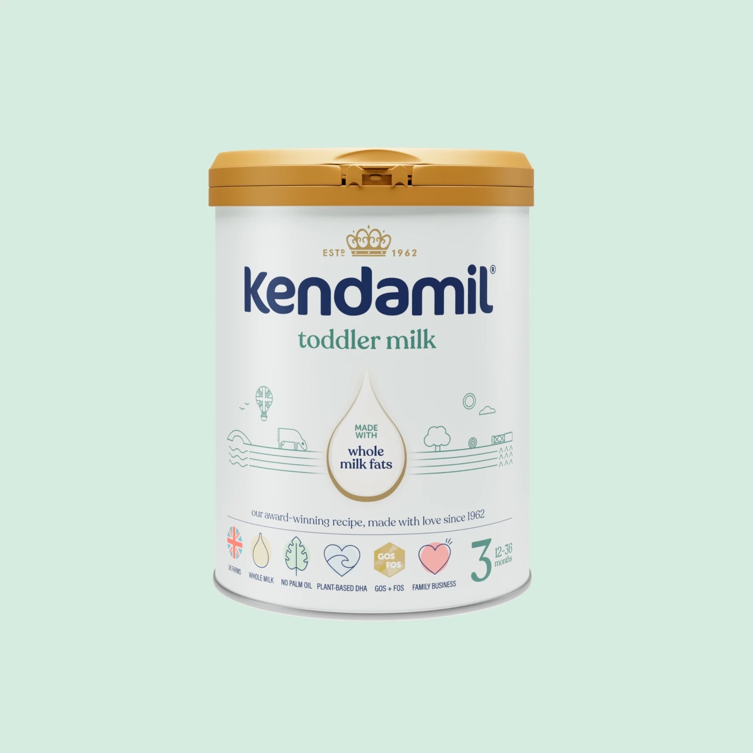 Kendamil toddler milk powder canister on a light green background