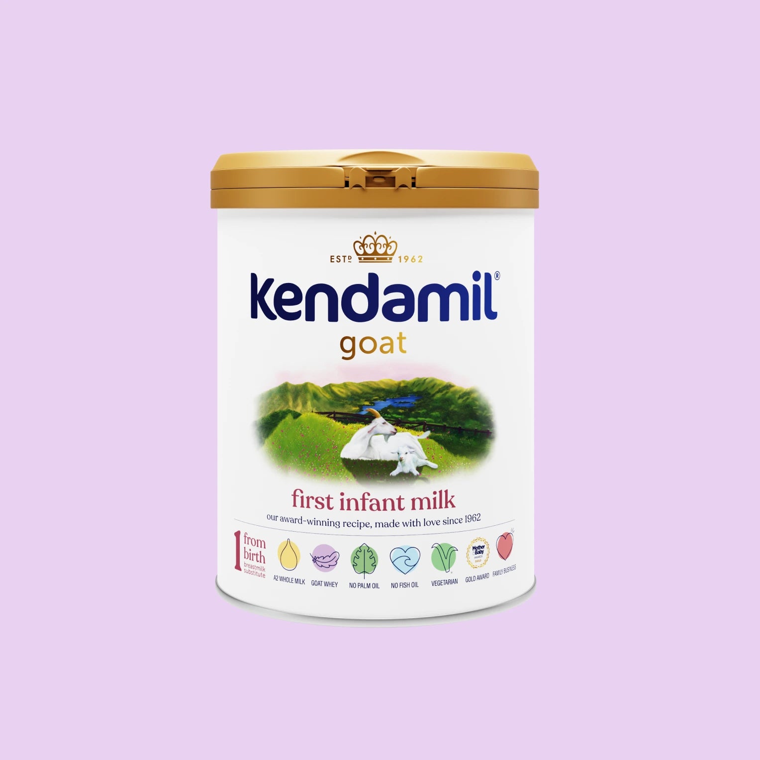 Kendamil goat first infant milk powder can on a light purple background