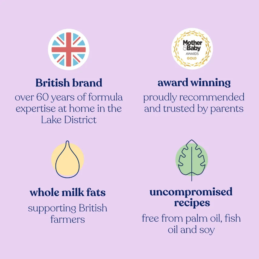 Promotional graphic for a British baby formula brand with text and logos on a purple background.