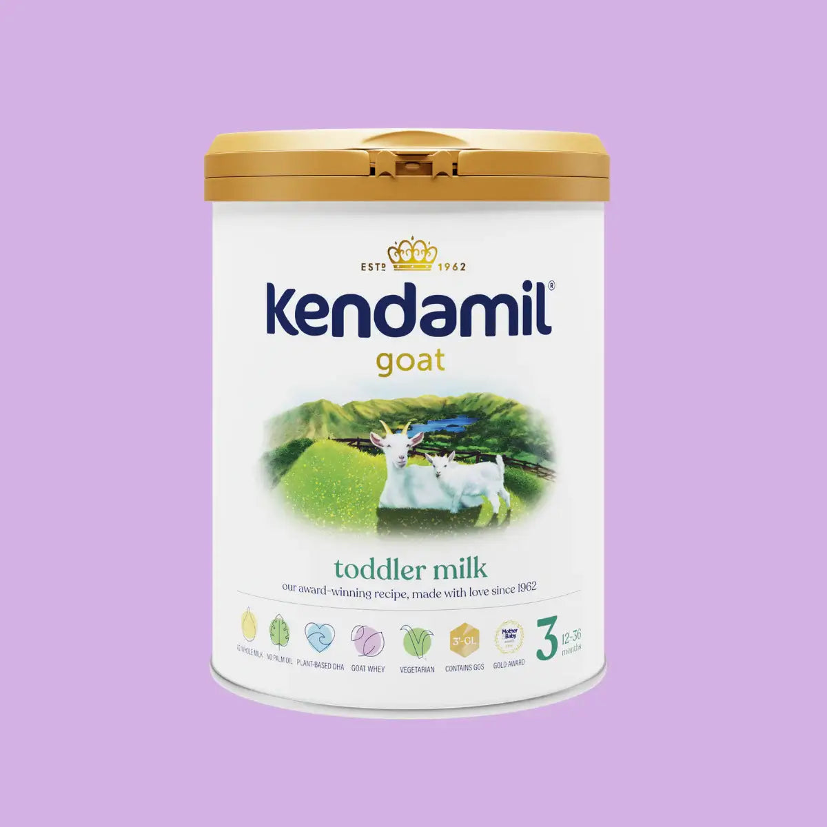 Kendamil goat toddler milk powder container on a purple background