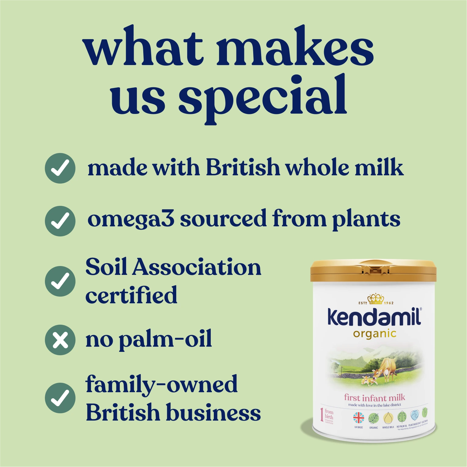 Kendamil organic baby milk powder container with certification details on a green background