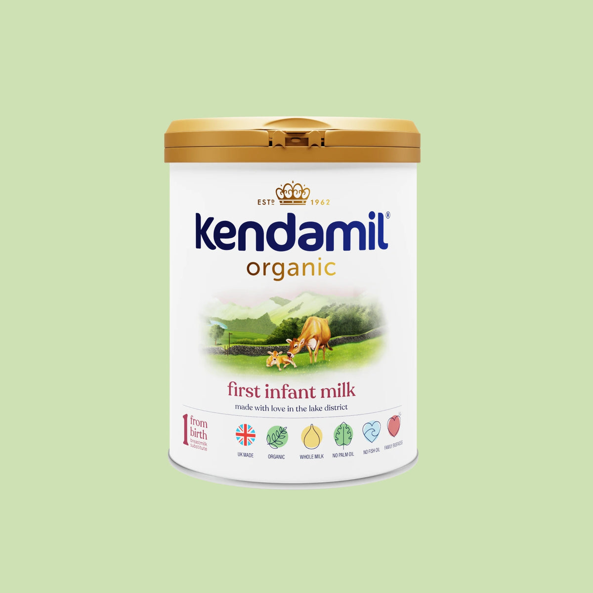 Kendamil organic first infant milk canister on a light green background
