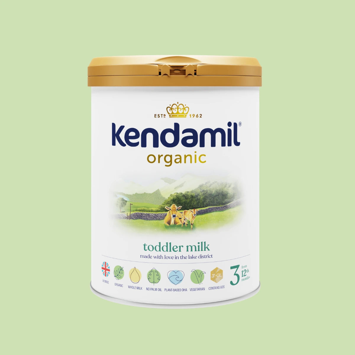 Kendamil Organic toddler milk powder can on a light green background