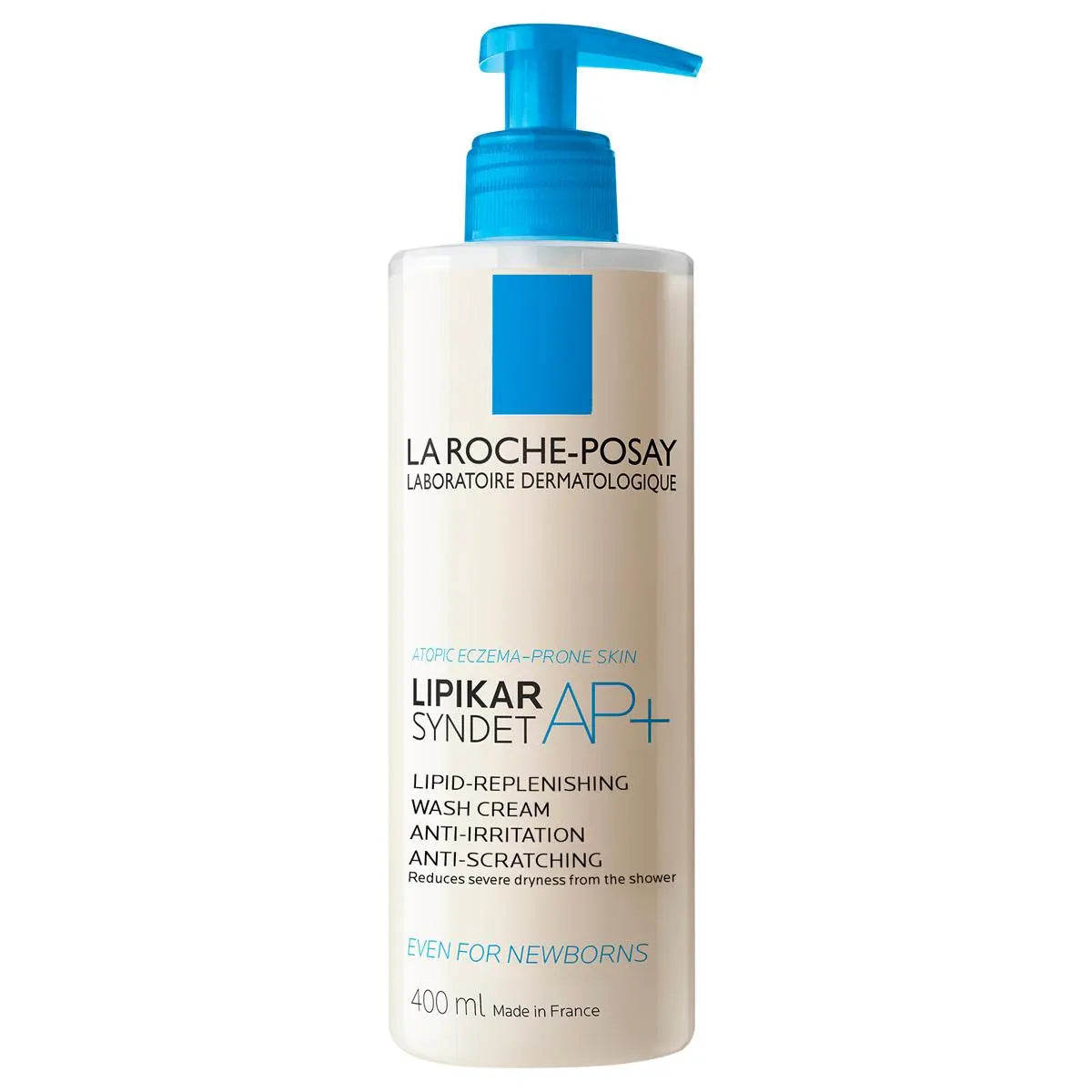 A 400 ml bottle of La Roche-Posay Lipikar Syndet AP+ Lipid-Replenishing Wash Cream, featuring a white bottle with a bright blue pump dispenser and blue text accents.