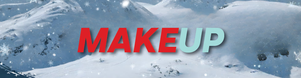 Snowy mountain landscape with 'MAKEUP' text in red and green.