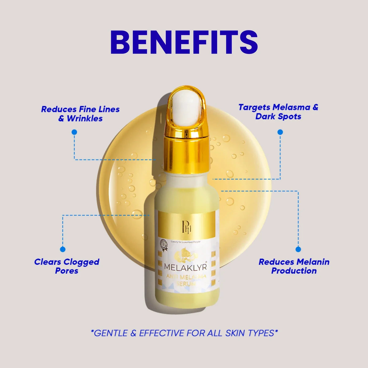 Melaklyr Amelogenin 50ml serum bottle with a gold dropper cap, displayed on a gold circular plate with text detailing its skin benefits against a light beige background.