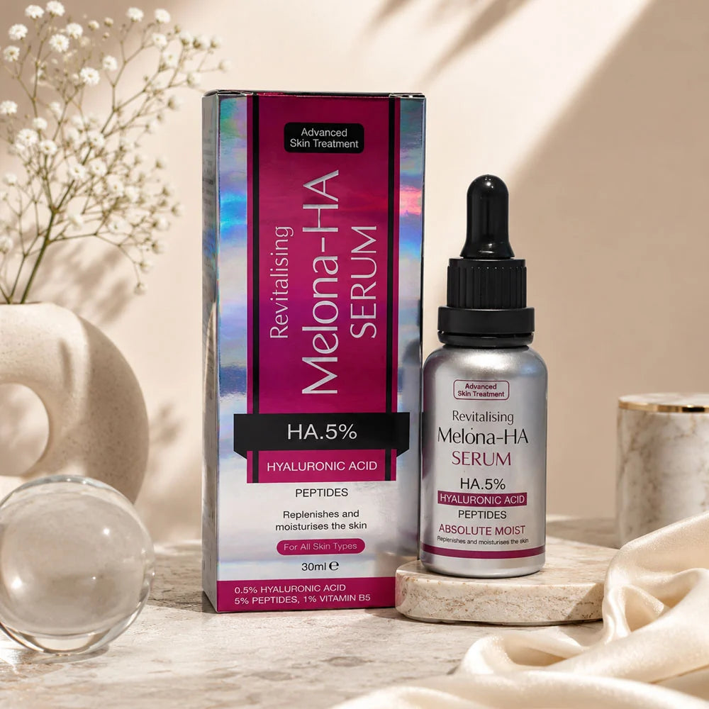 Melona-HA Serum packaging and bottle on a neutral background with decorative elements.