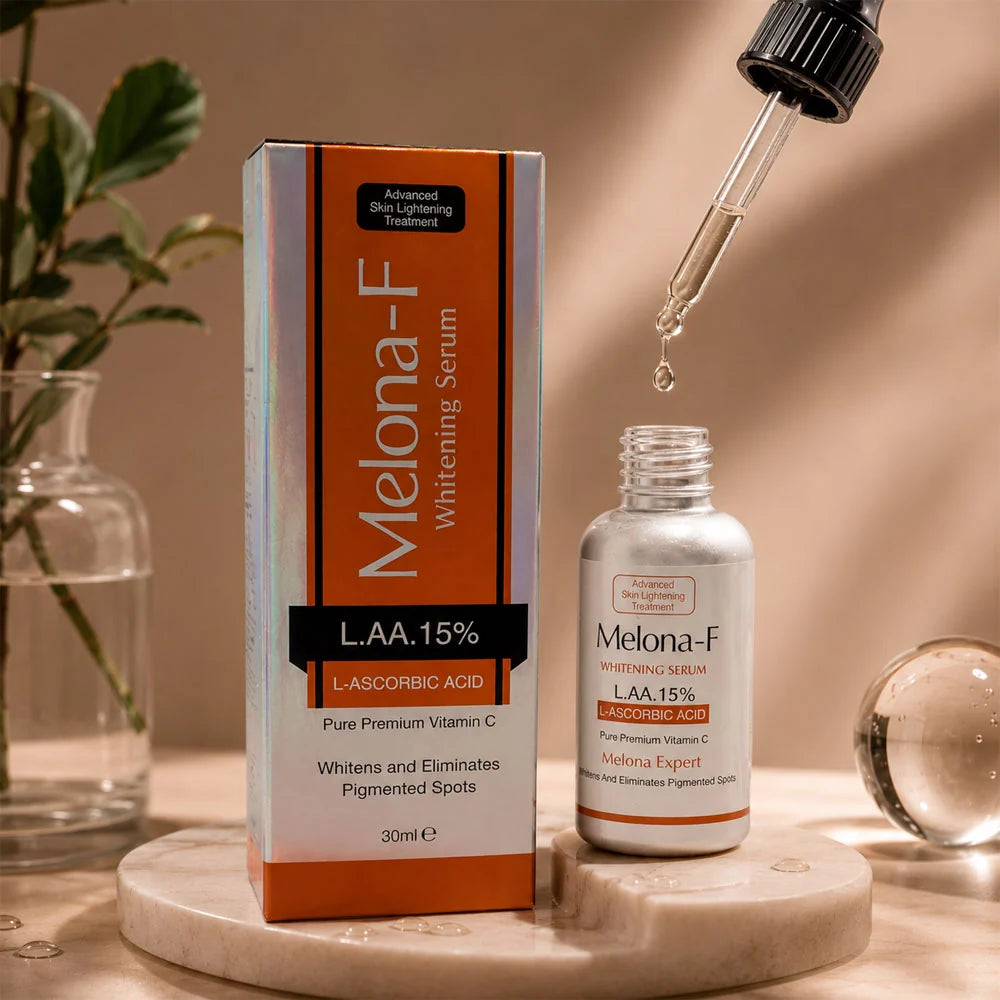Melona-F whitening serum packaging and bottle with dropper on a neutral background