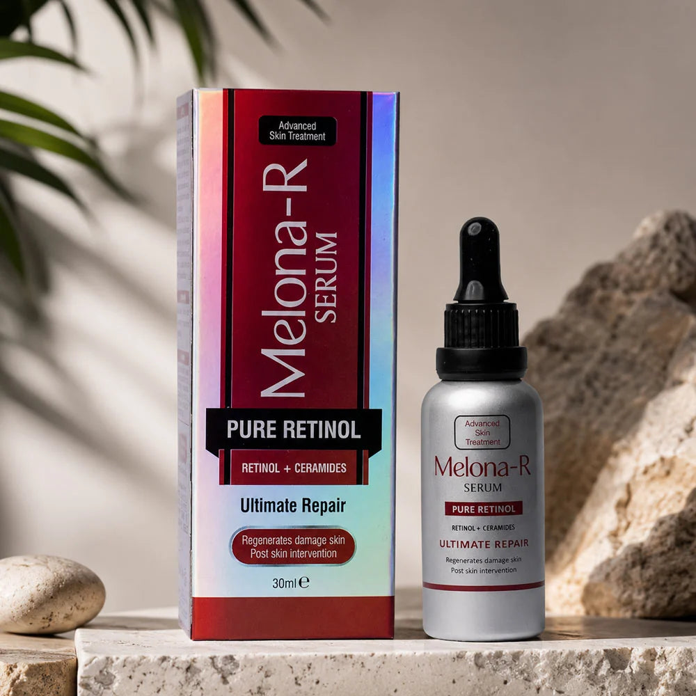 Melona-R Serum Pure Retinol skincare set featuring a silver dropper bottle and its matching rectangular box, styled on a stone surface with natural background elements.
