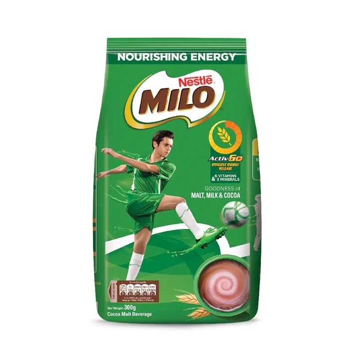 Green Milo packaging with a soccer player on a white background