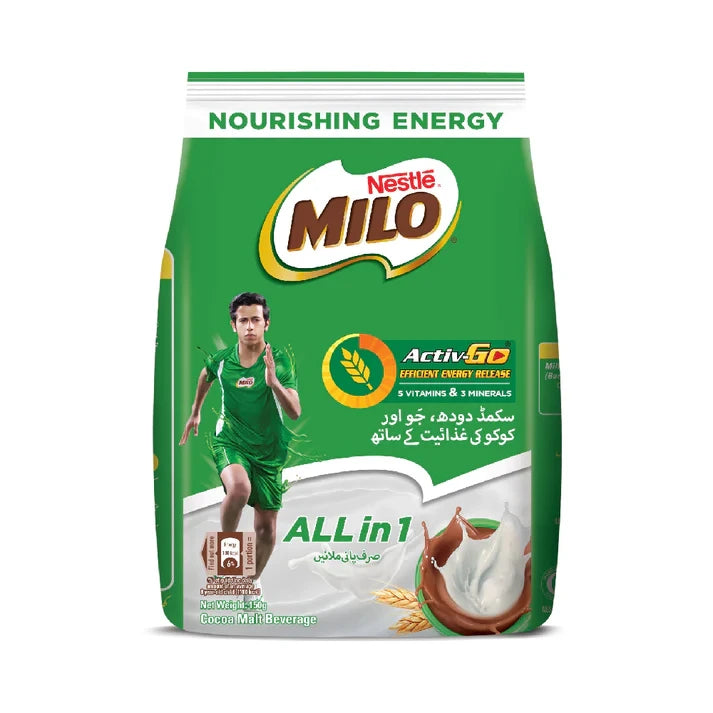 Nestle Milo packaging with a green background and a running person on it.