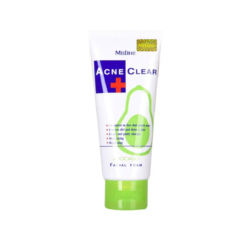 A squeeze tube of Misline Acne Clear Facial Foam with a white body, green cap, and green and blue label graphics, shown on a plain white background.