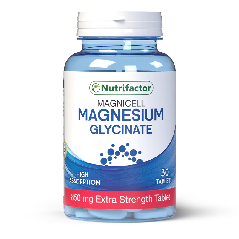 Bottle of Nutrifactor Magnesium Glycinate supplement on a white background