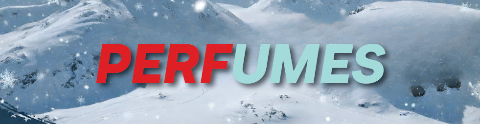 Text 'PERFUMES' in red and green on a snowy mountain background