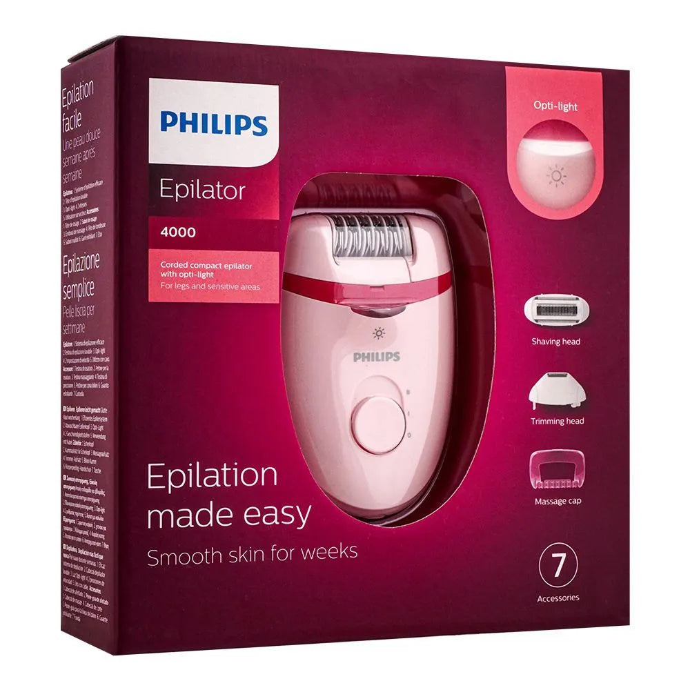 Philips epilator packaging with pink epilator visible through the window