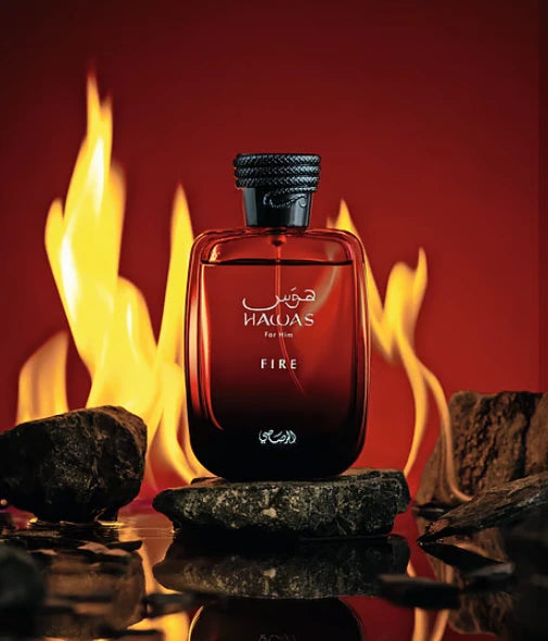 Havaas Fire perfume bottle with flames and rocks in the background