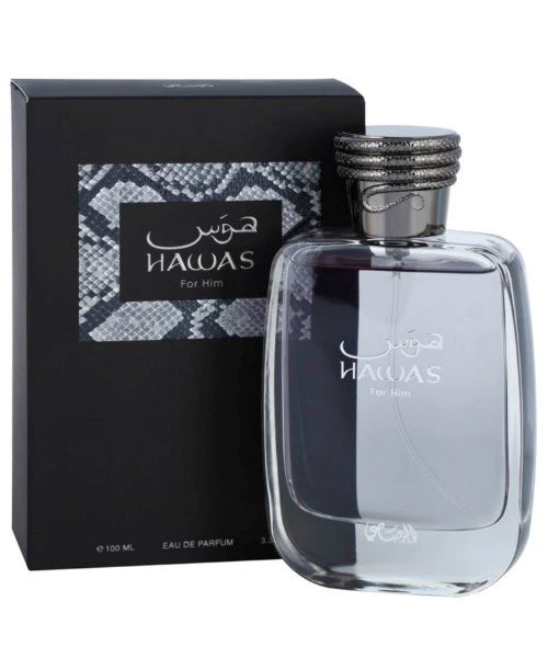 Perfume bottle and packaging of Hawas for Him on a white background