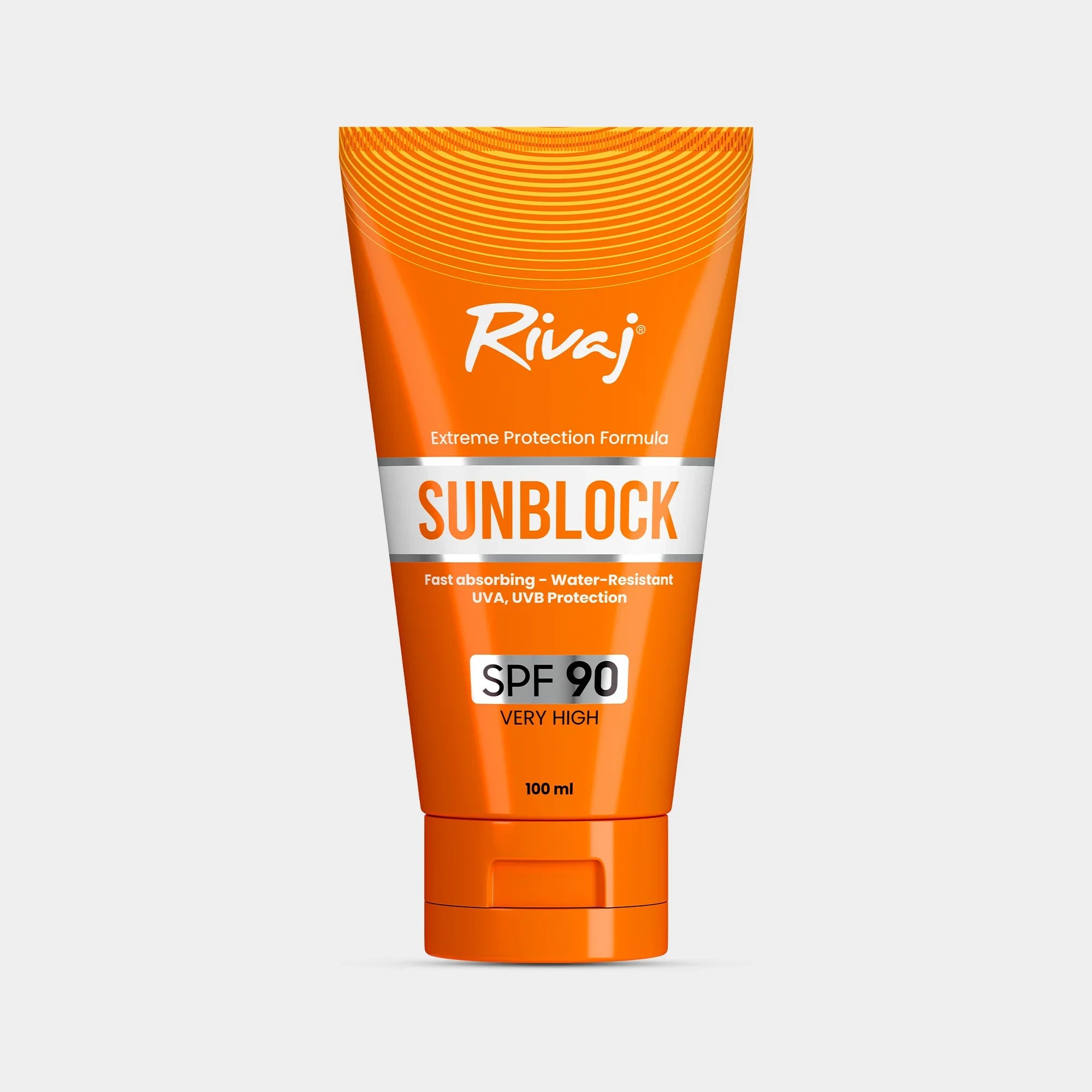 Orange tube of Rivaj sunblock with SPF 90 on a light gray background