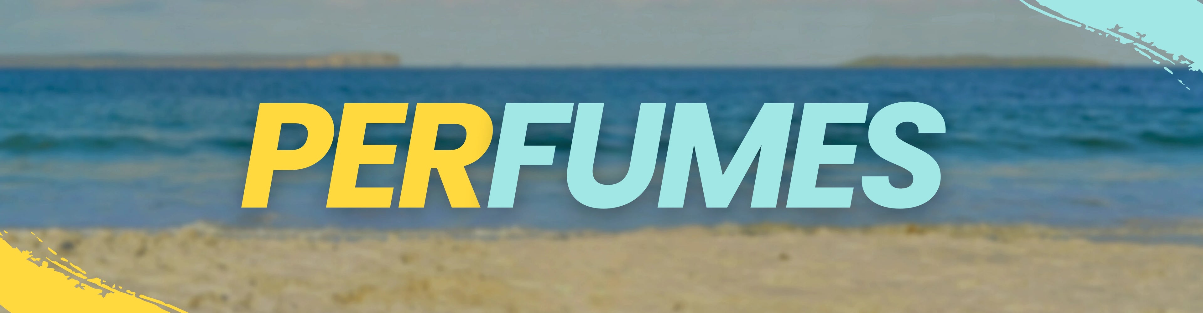 Beach scene with 'PERFUMES' text overlayed