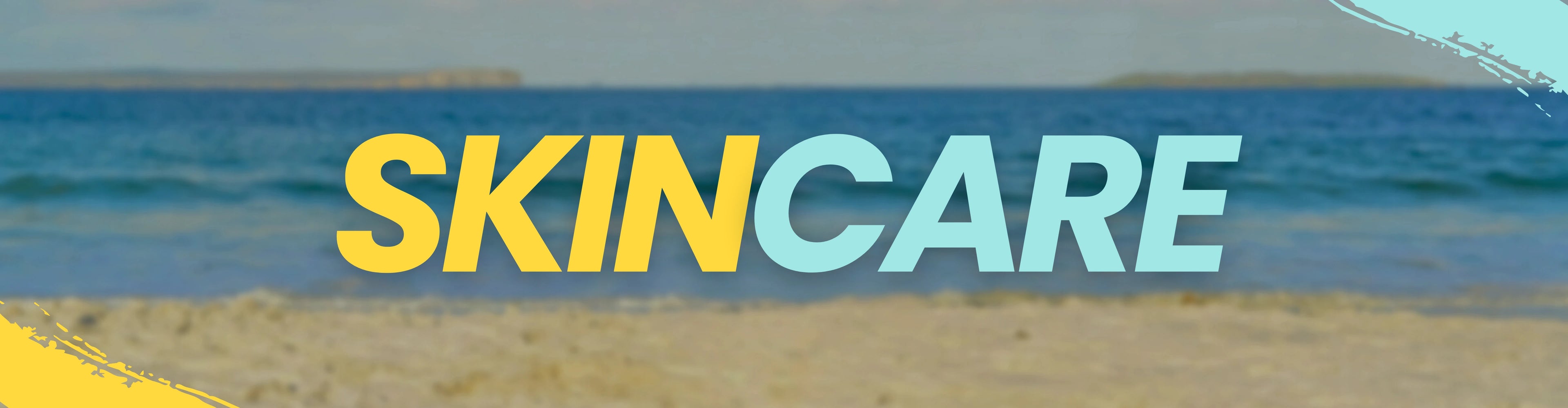 Text 'SKINCARE' in yellow and light blue on a blurred beach background
