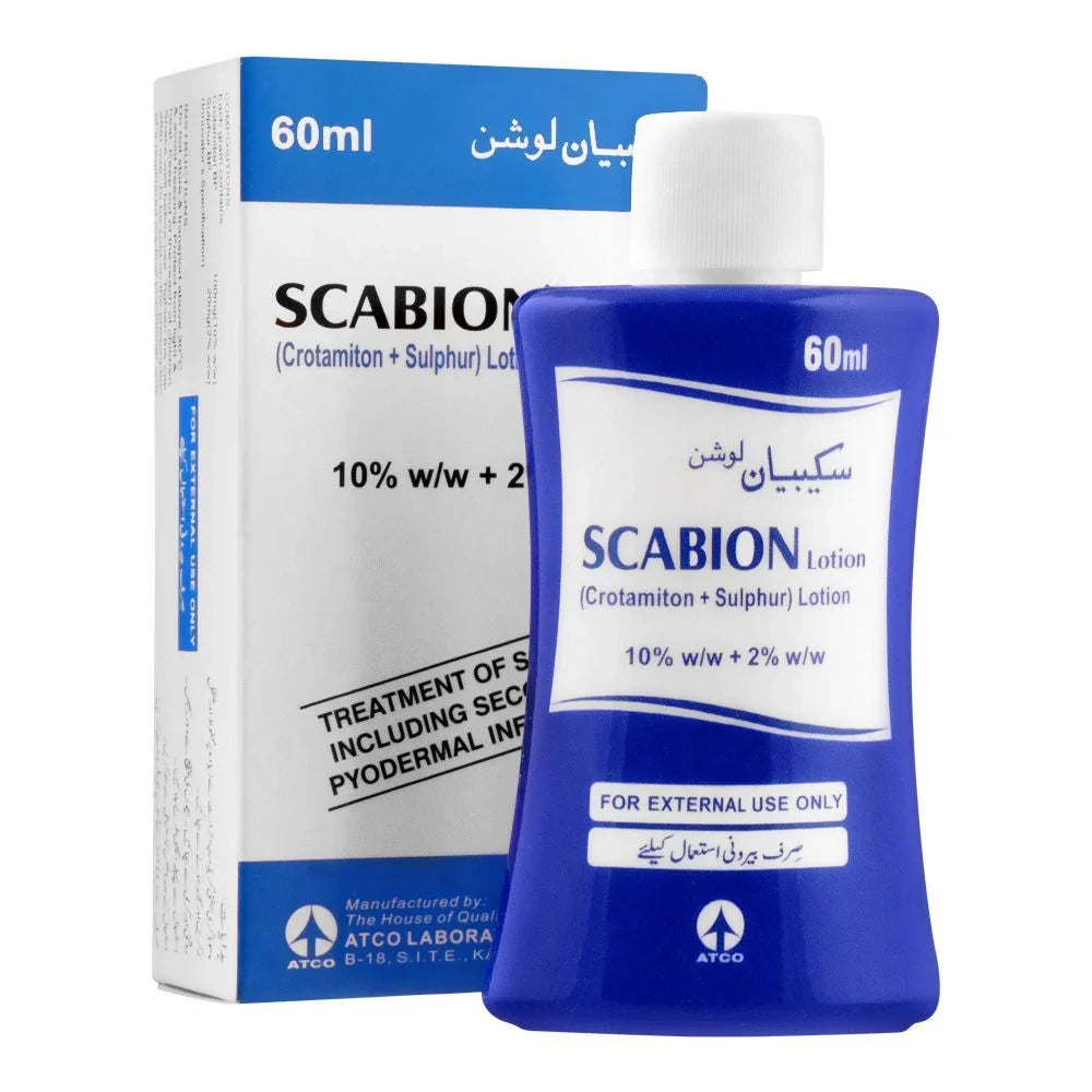 Scabion lotion bottle and packaging on a white background