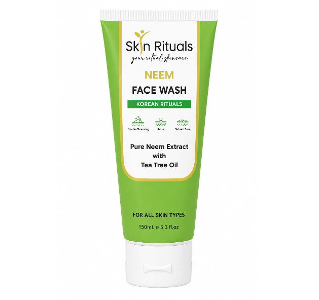 Green and white tube of Skin Rituals Neem Face Wash on a white background