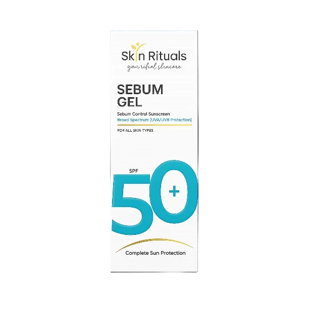 Skin Rituals Sebum Gel SPF 50+ packaging on a black background