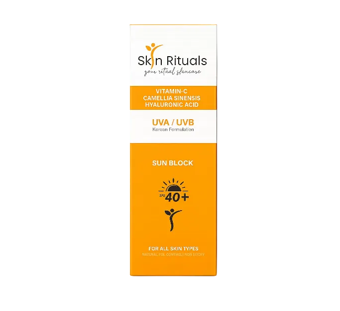 Skin Rituals sun block packaging with SPF 40+ on a white background