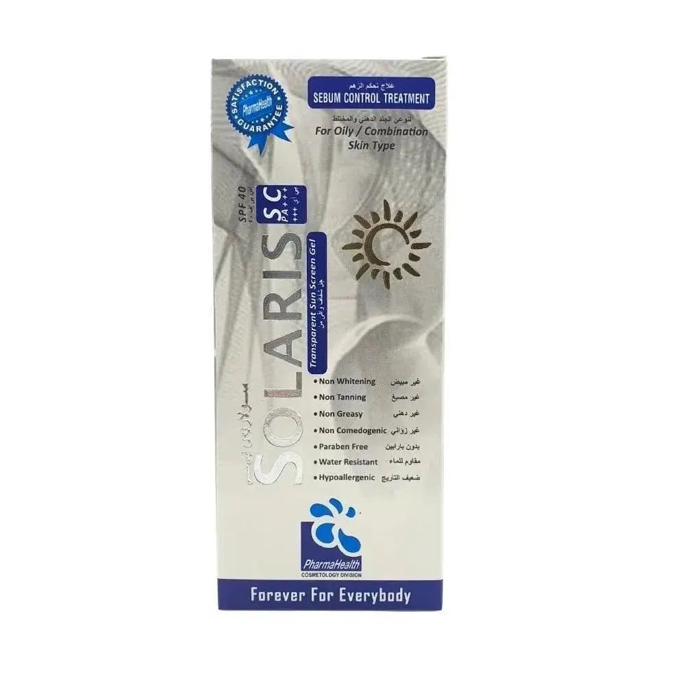 A tall rectangular box of Solaris SC serum control treatment by PhytoPharmaceuticals, featuring a white and blue design with a sun icon and product text.