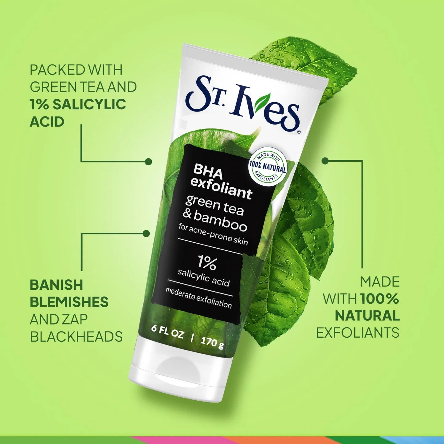 St. Ives BHA exfoliant green tea and bamboo on a green background
