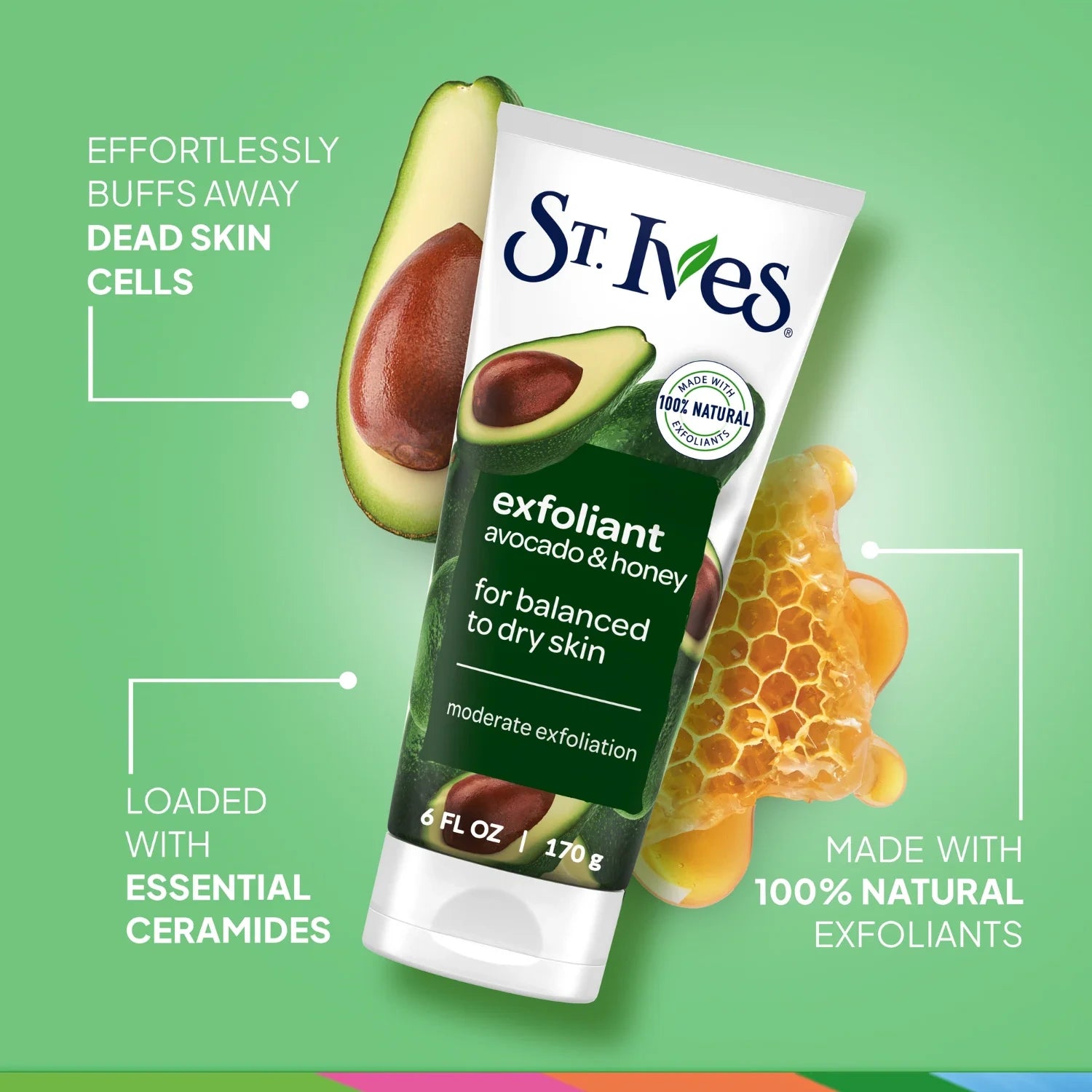 St. Ives exfoliant with avocado and honey on a green background