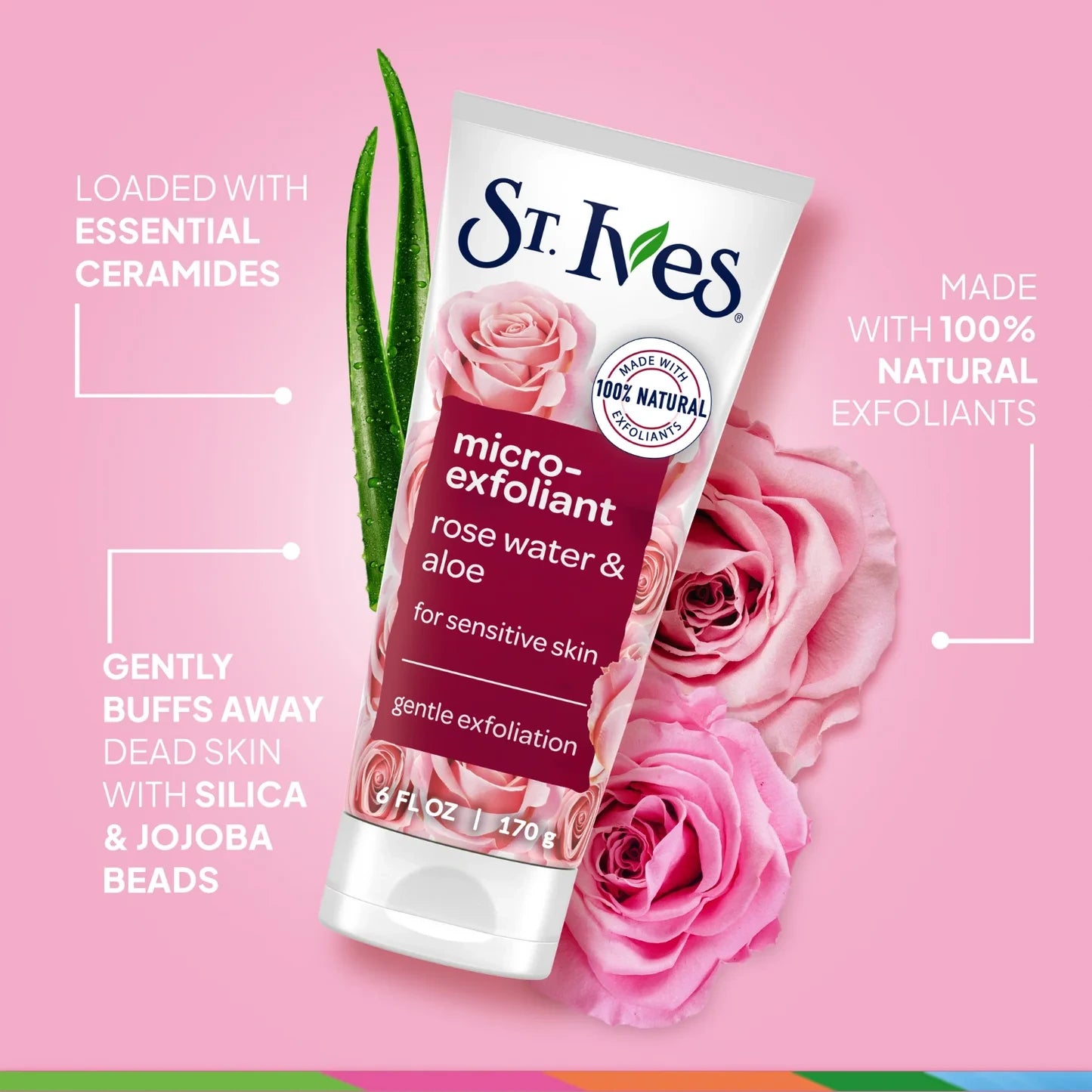 St. Ives micro-exfoliant tube with roses and aloe vera on a pink background