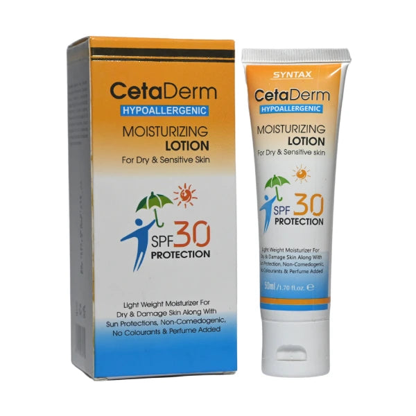 CetaDerm moisturizing lotion packaging with SPF 30 protection on a white background