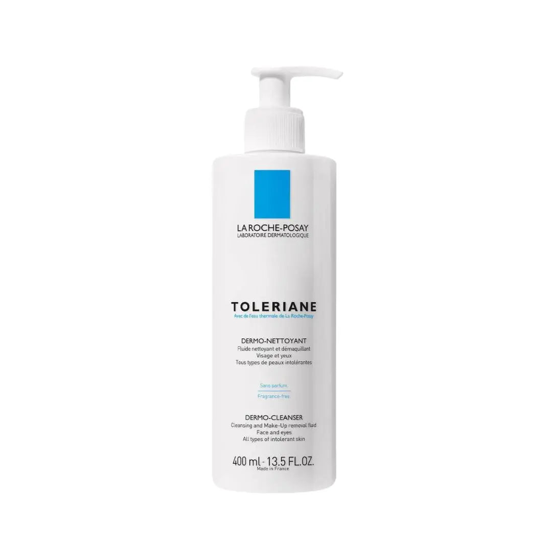 A 400 mL white bottle of La Roche-Posay Toleriane Dermo-Cleanser with a pump dispenser, shown on a plain white background.