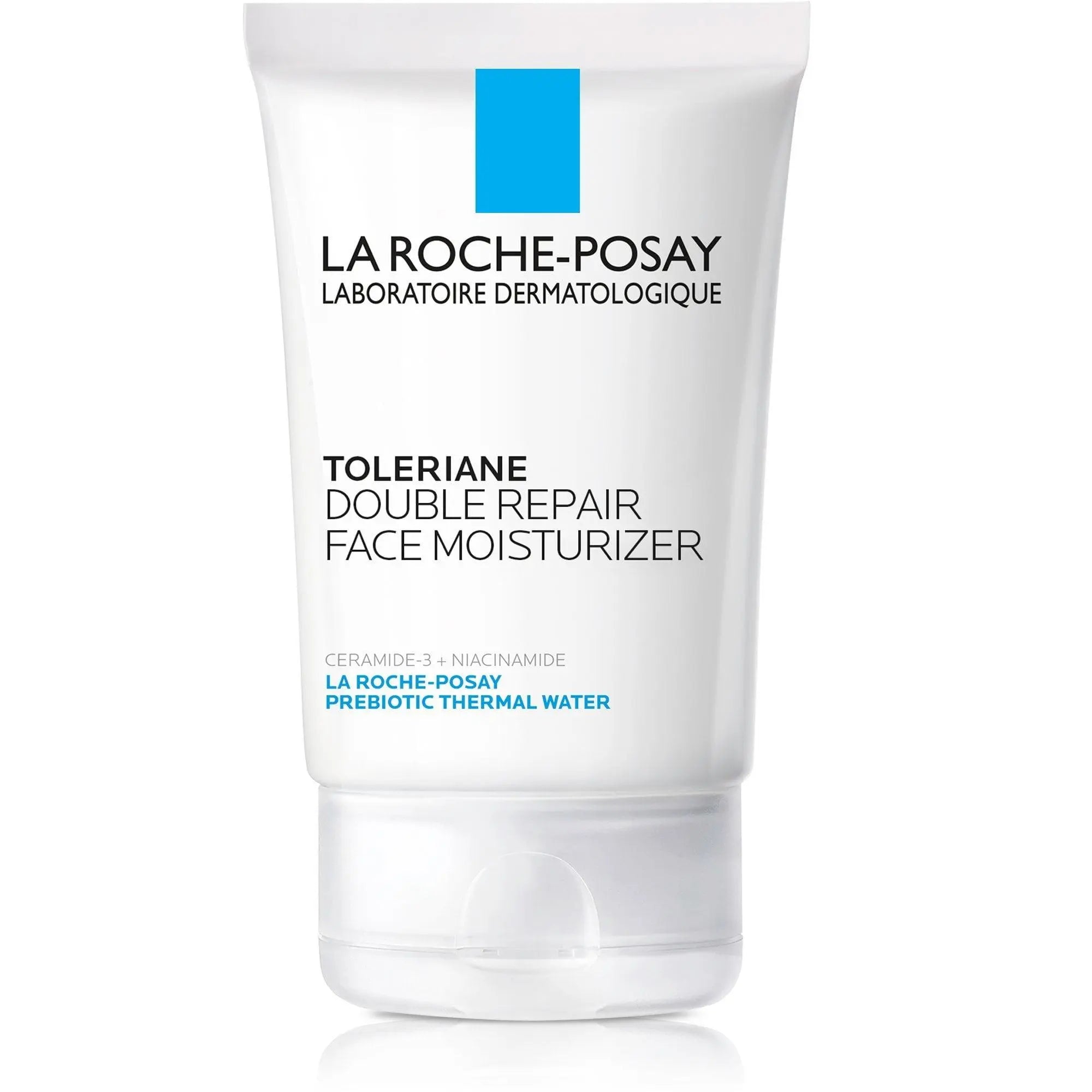 La Roche-Posay Toleriane Double Repair Face Moisturizer in a white squeeze tube with a blue square logo and black text, shown on a white background.