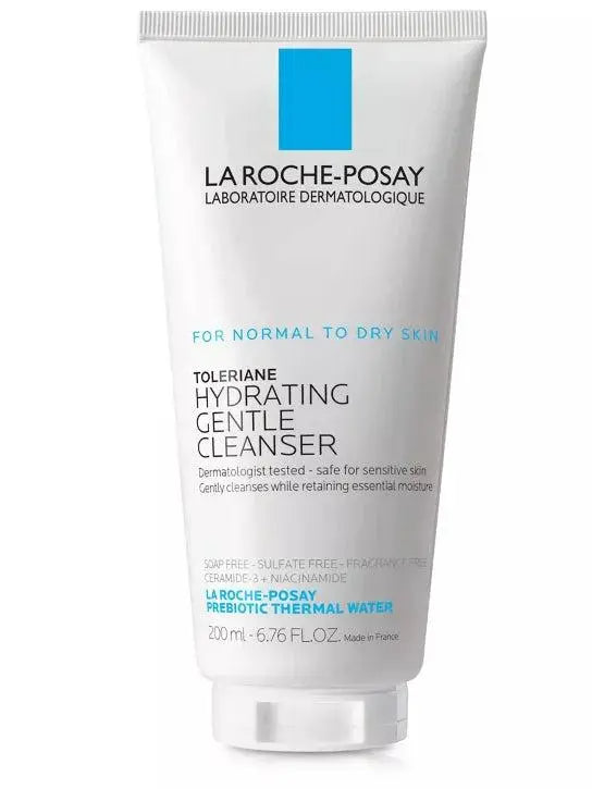 A 200ml white squeeze tube of La Roche-Posay Toleriane Hydrating Gentle Cleanser, featuring the brand's signature blue square logo and black and blue text on a clean white background.