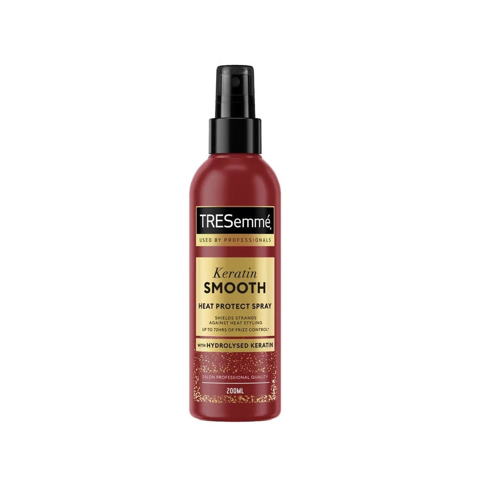 Tresemme Keratin Smooth heat protect spray bottle on a white background