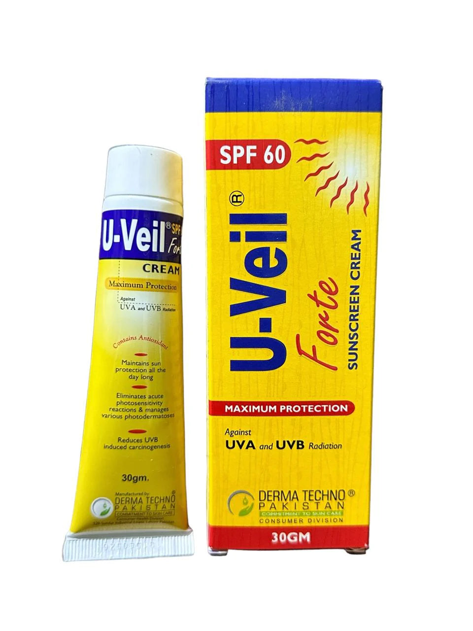 U-Veil Forte sunscreen cream tube and packaging on a white background