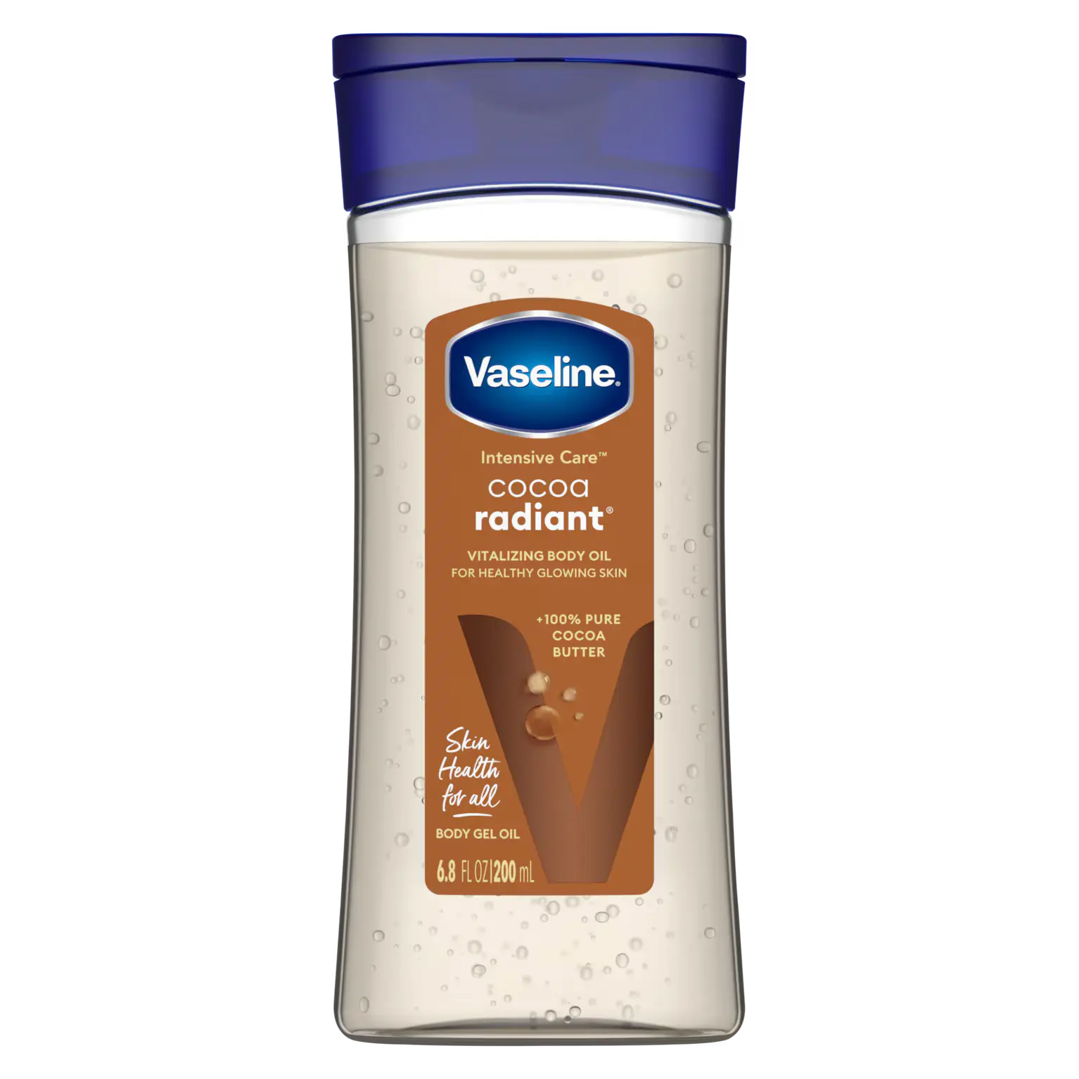 Vaseline Intensive Care Cocoa Radiant body oil bottle on a white background