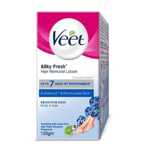 Veet Silky Fresh Hair Removal Cream Sensitive Skin - Body & Legs - Aloe Vera and Violet Blossom Fragrance, 120 g