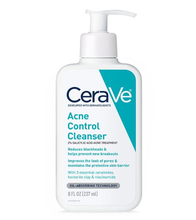 A pump bottle of cerave acne control cleanser 237ml and visible brand sticker