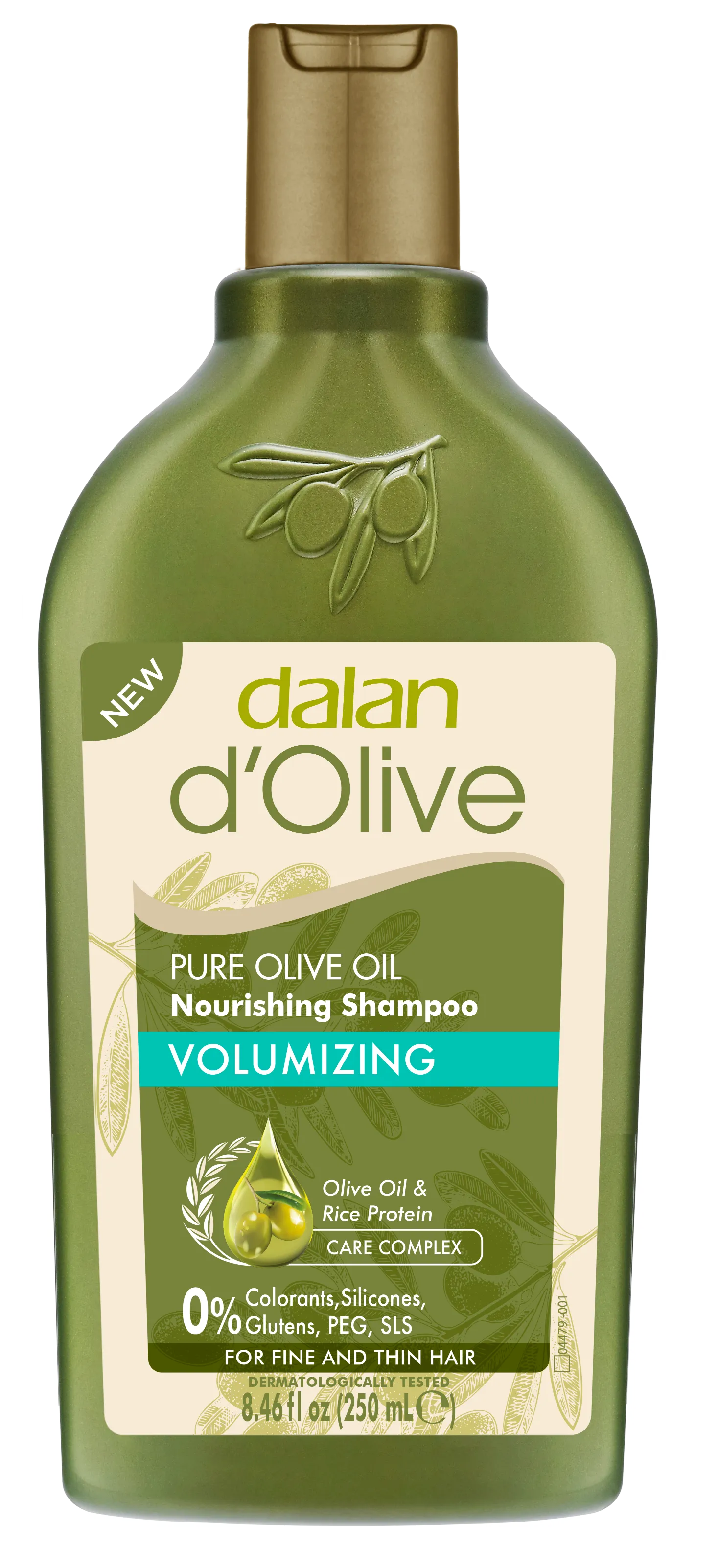 Shampoo bottle labeled 'dalan d'Olive' with green and beige design.