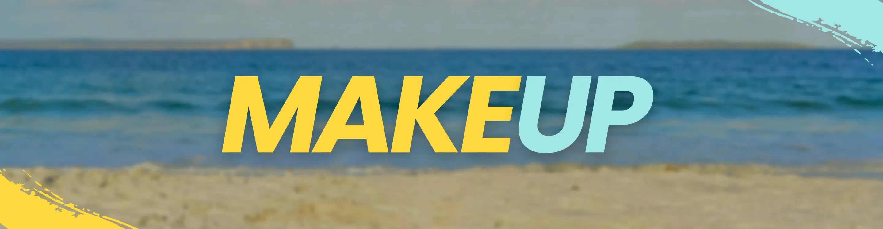 Beach scene with makeup banner shaheen chemist text overlayed