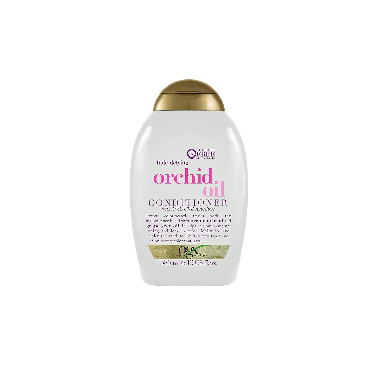 A bottle of OGX Colour Protect+ Orchid Oil Conditioner, 385 ml with label and cap visible.