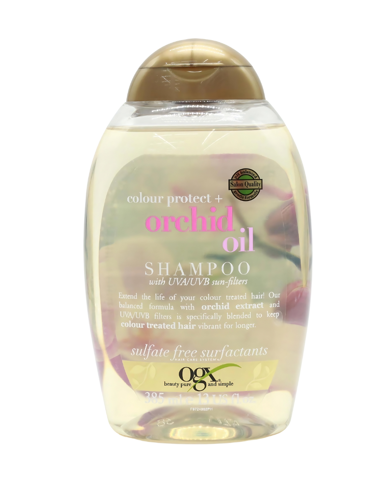 A bottle of OGX Colour Protect + Orchid Oil Shampoo, 385ml.