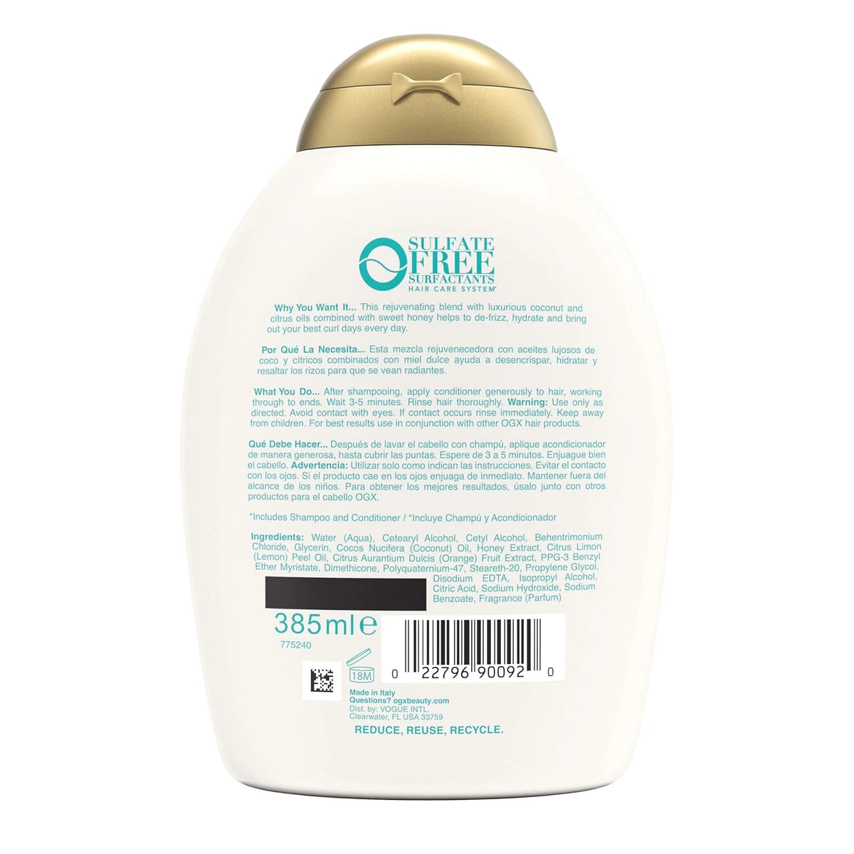 Back of a shampoo bottle with text and branding on a white background